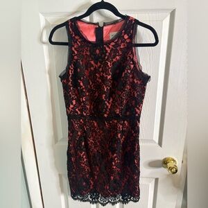 Women’s Milly Claudia Dress 4 Black Floral Lace Pink Underlay Sleeveless Scallop